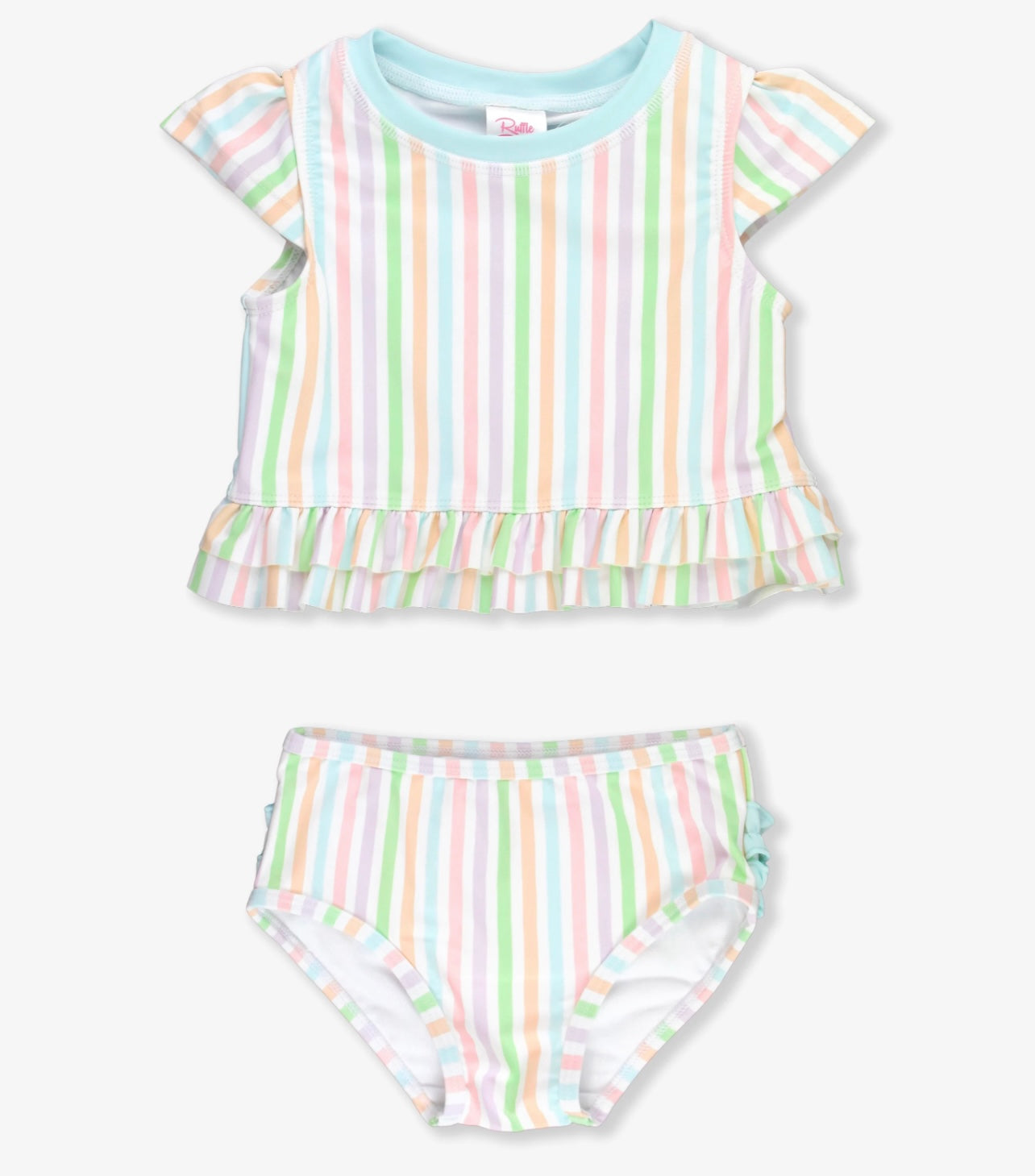 Pale Rainbow Stripe Cap Sleeve Ruffle Hem Girls Bikini