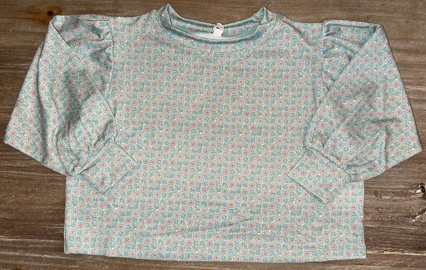 Green/Pink Floral Girls Puff Sleeve Top