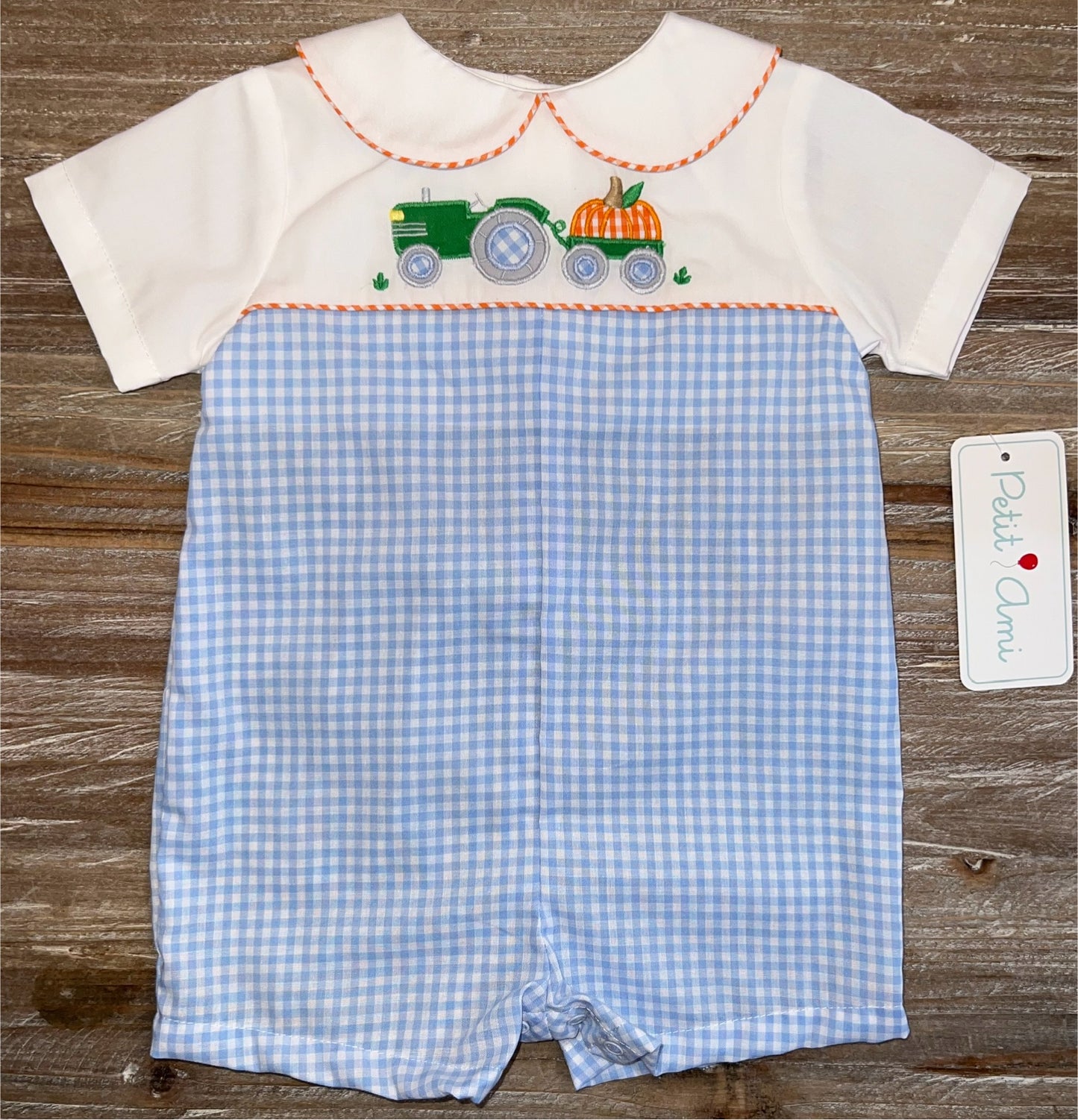 Petit Ami Tractor/Pumpkin Boys Romper