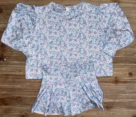 Blue Floral Girls Puff Sleeve Top