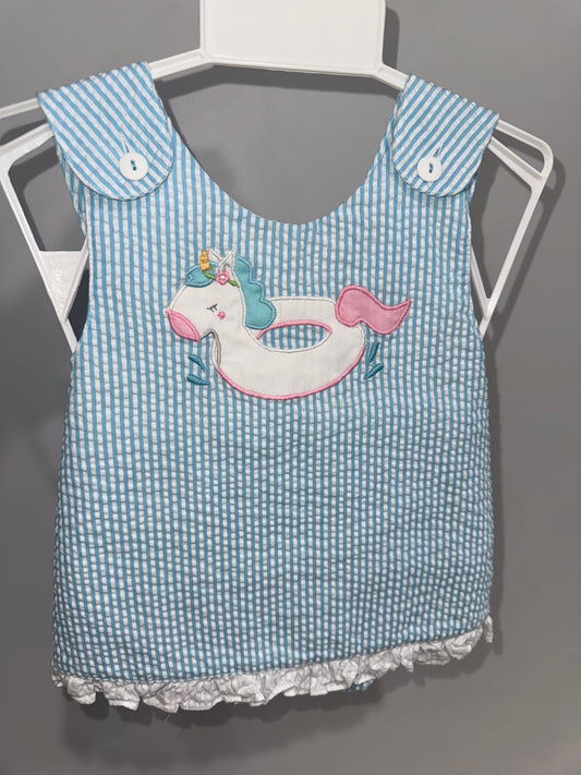 Aqua Seersucker Unicorn Float Girls Bloomer Set