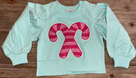 Candy Cane Puff Sleeve Girls Sweatshirt