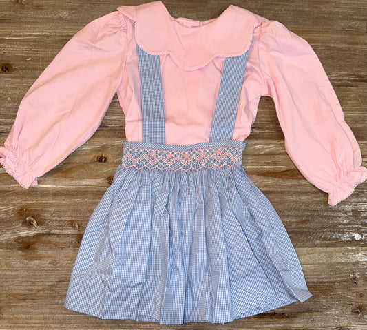 Blue Gingham Smocked Girls Flowers Jumper