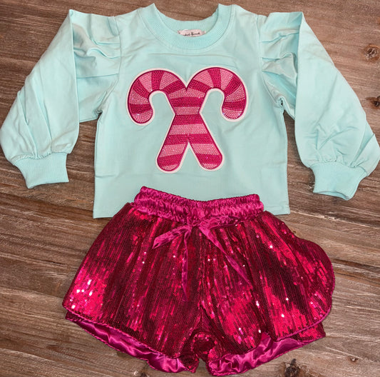 Candy Cane Puff Sleeve Girls Sweatshirt