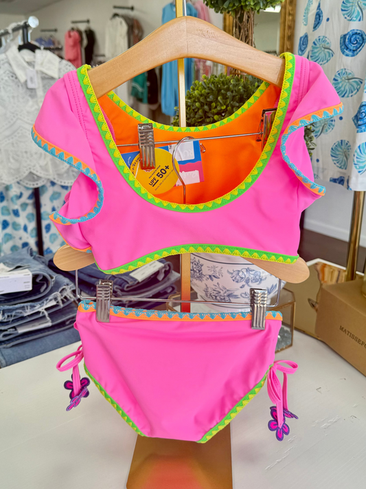 Neon Pink Crochet Girls Tankini