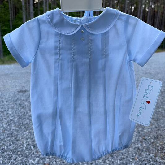 Blue Pleated Boys Bubble with Bonnet