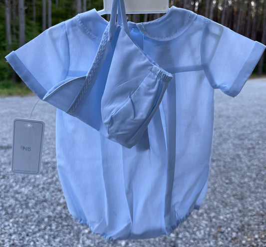 Blue Pleated Boys Bubble with Bonnet