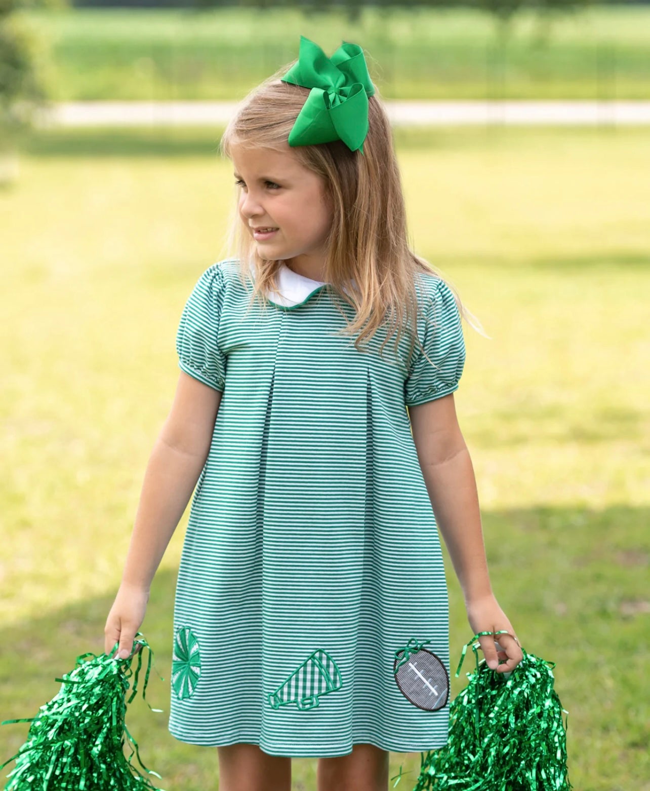 Game Day Girls Pleat Dress-Green Stripe