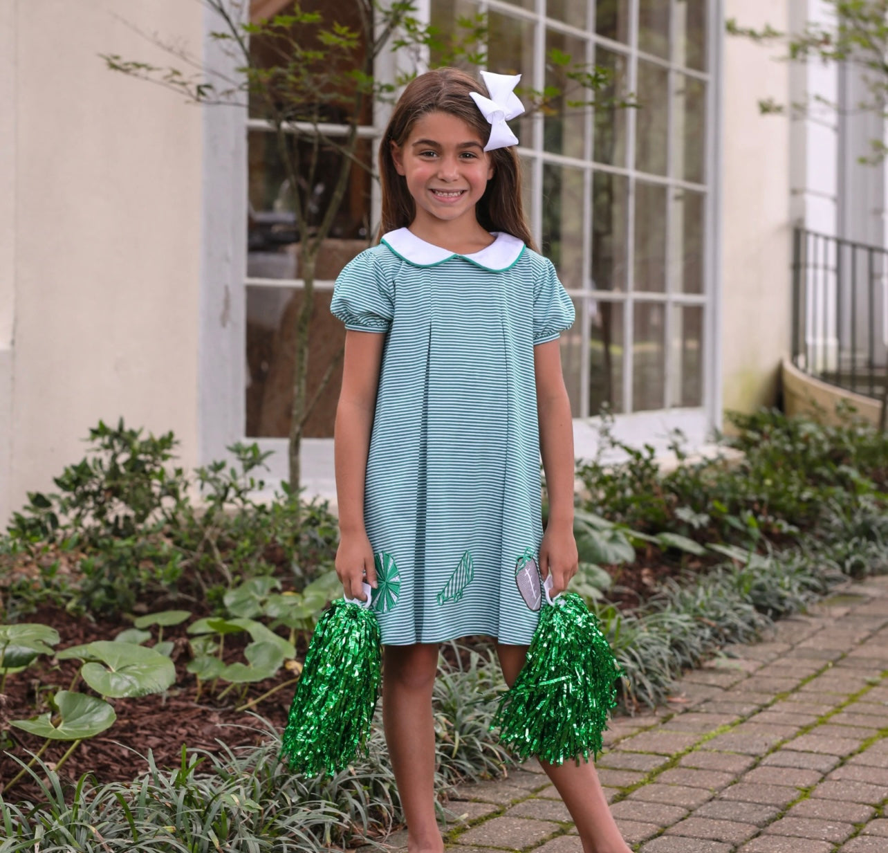 Game Day Girls Pleat Dress-Green Stripe