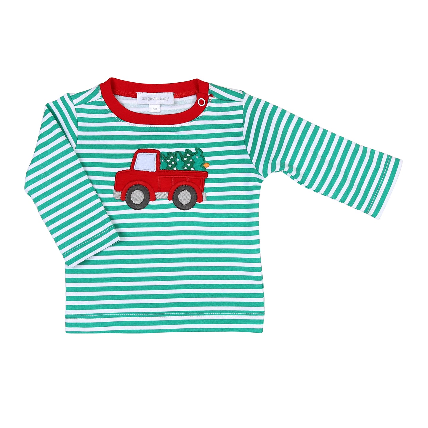 Magnolia Baby Christmas Tree in Truck Green Stripe Boys Shirt