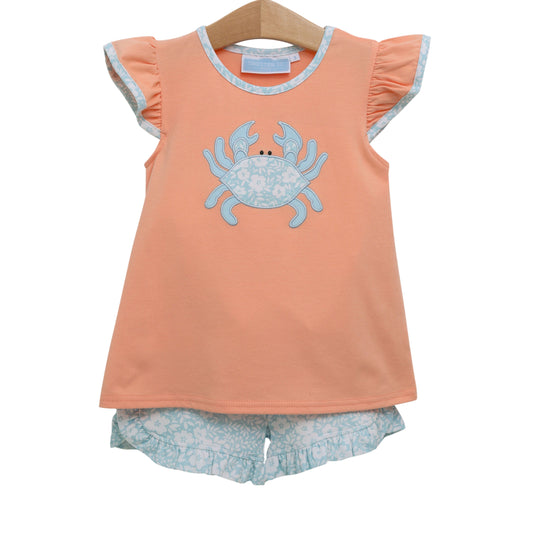 Crab Appliqué Girls Ruffle Short Set