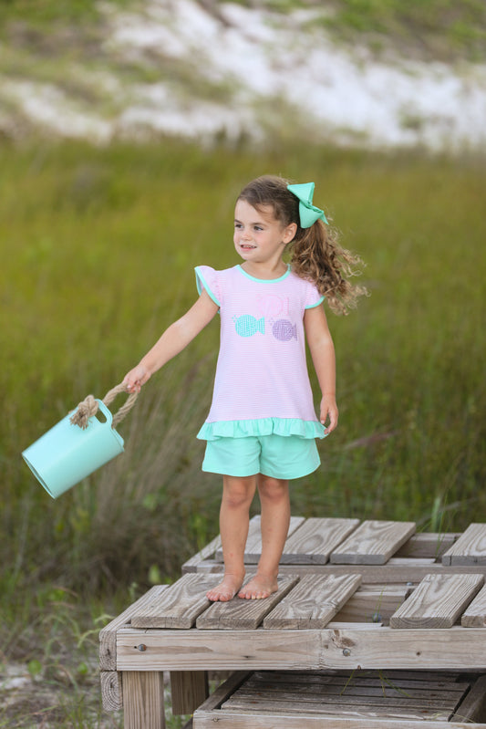 Fish Trio Girls Appliqué Ruffle Short Set