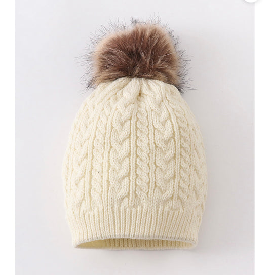 Cream Cable Knit Pom Pom Beanie Hat