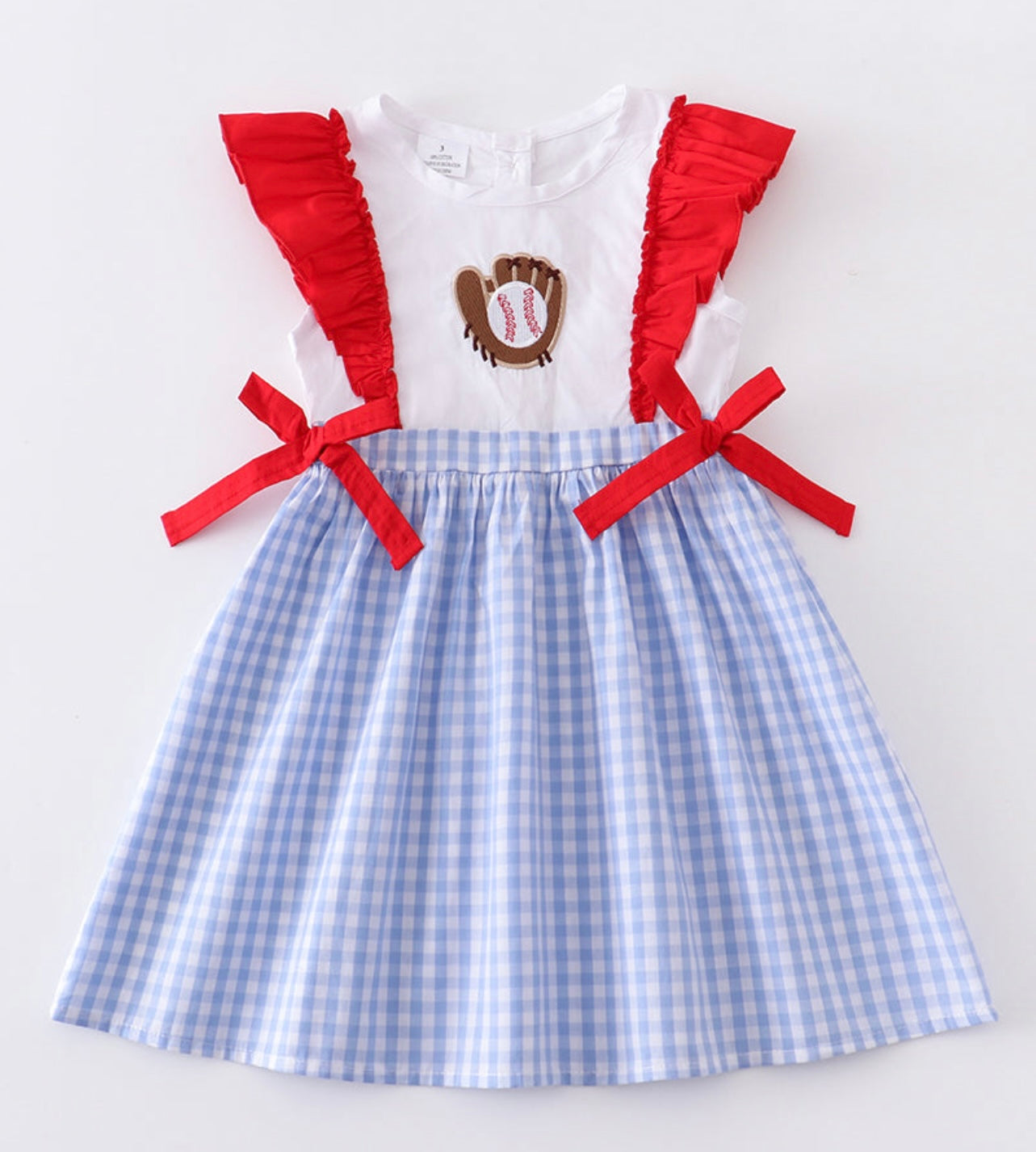 Blue Plaid Baseball Appliqué Ruffle Girls Dress