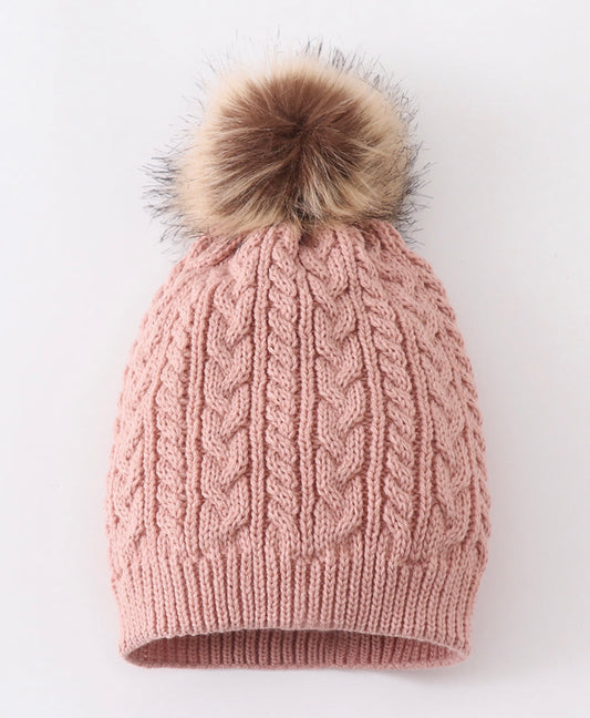 Dust Rose Knit Pom Pom Beanie Hat