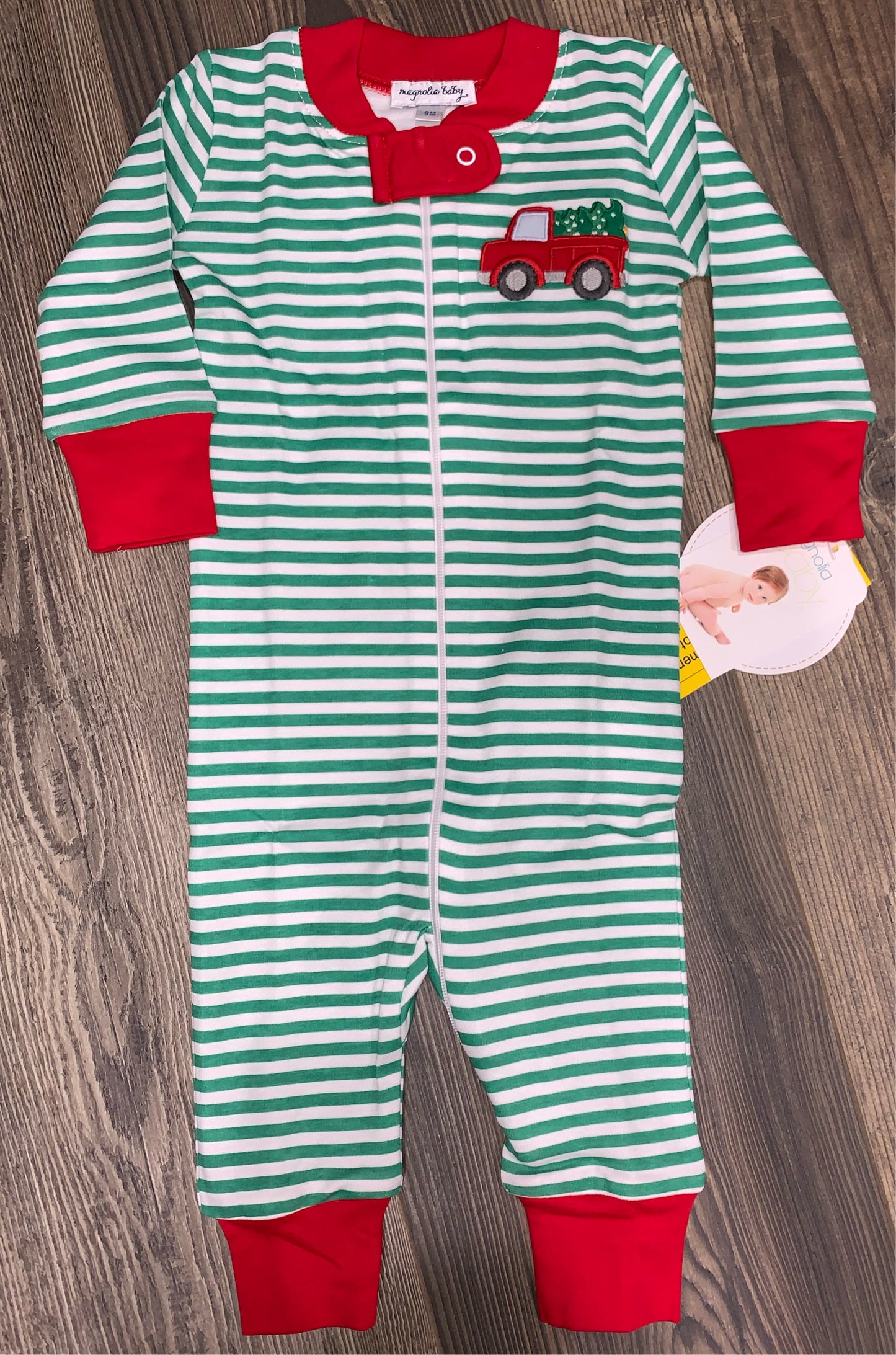 Magnolia Baby Christmas Tree in Truck Green Stripe Boys Playsuit