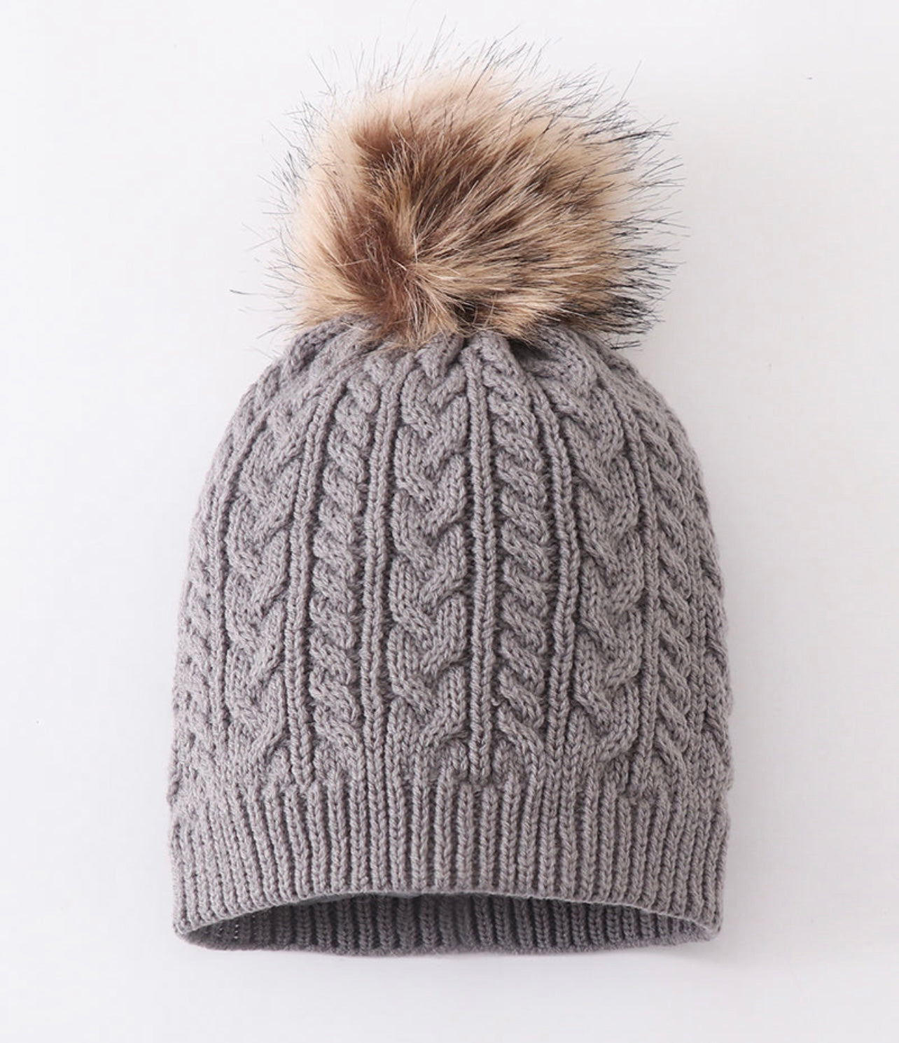 Grey Cable Knit Pom Pom Beanie Hat