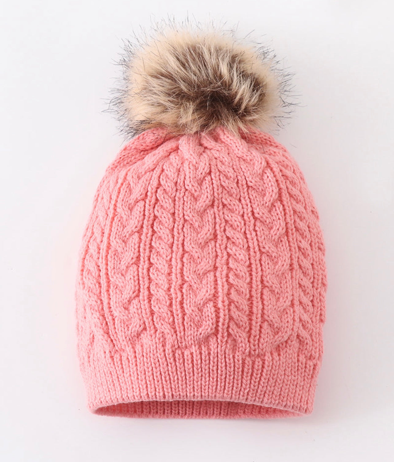 Bubblegum Pink Cable Knit Pom Pom Beanie Hat